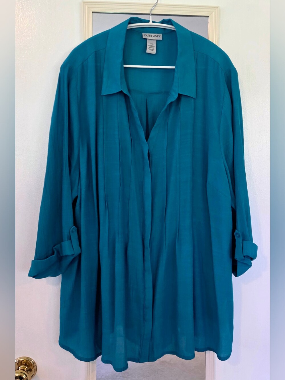 Catherines Plus Size 2X Teal Button Front Tunic Blouse Roll Tab Sleeve